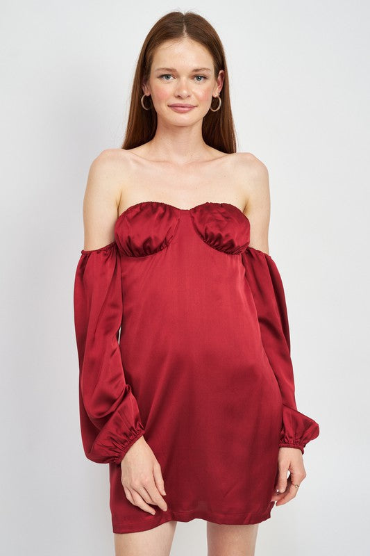 OFF SHOULDER MINI DRESS WITH BACK CUT OUT - Burgundy / S - Dresses