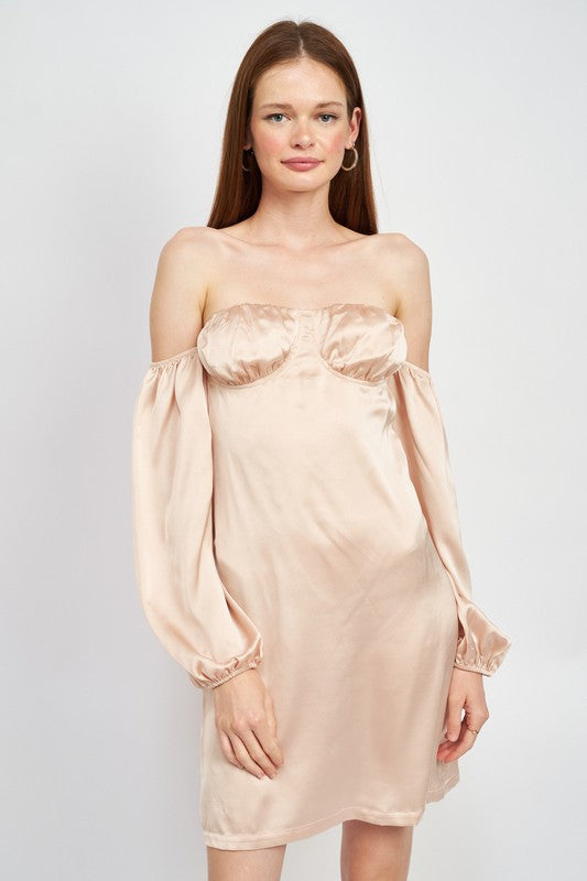 OFF SHOULDER MINI DRESS WITH BACK CUT OUT - Champagne / S - Dresses