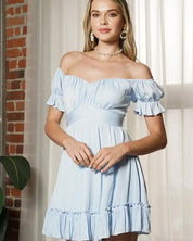 Off Shoulder Ruffle Mini Dress - Steel Blue / XS