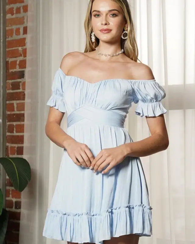 Off Shoulder Ruffle Mini Dress - Steel Blue / XS