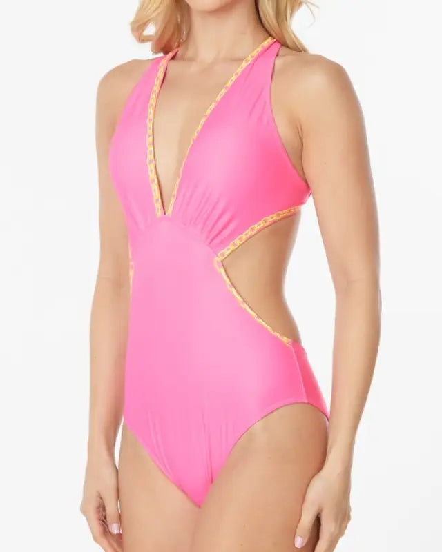 One - Piece Bathing Suit Side Cut - Out With Prints Ed - Hot Pink / S