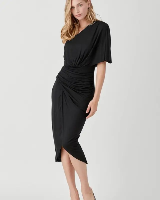 One Shoulder Drape Jersey Dress - BLACK / S