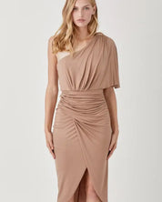 One Shoulder Drape Jersey Dress - MOCHA / S