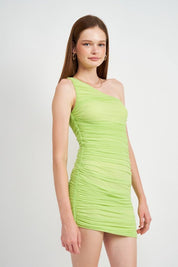 One Shoulder Ruched Mesh Dress