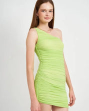 One Shoulder Ruched Mesh Dress