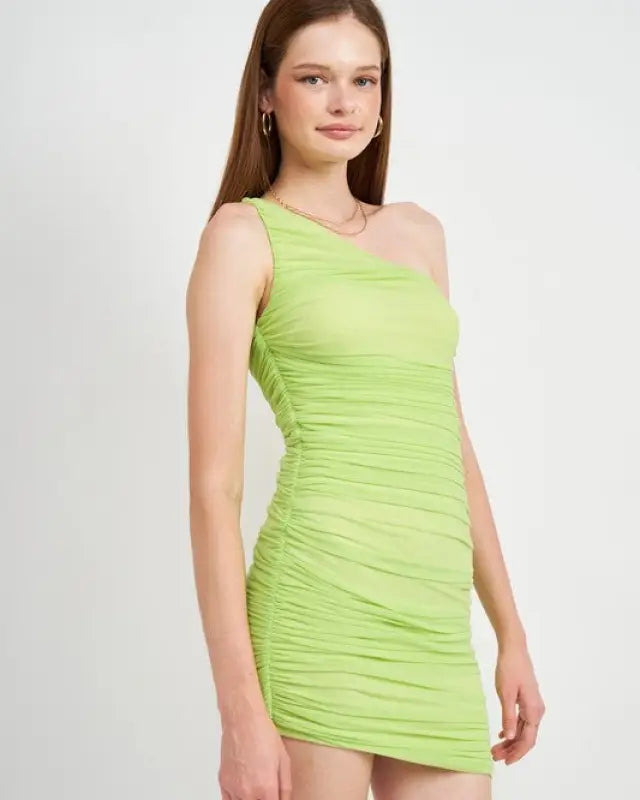 One Shoulder Ruched Mesh Dress