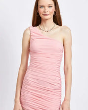 One Shoulder Ruched Mesh Dress