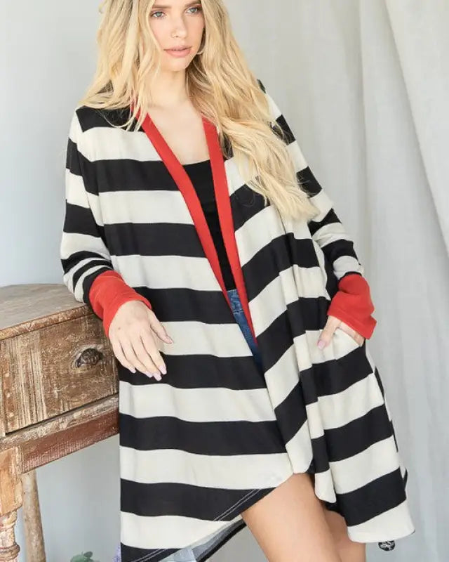 Open Front Striped Draped Cardigan