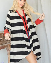 Open Front Striped Draped Cardigan - BLACK / S