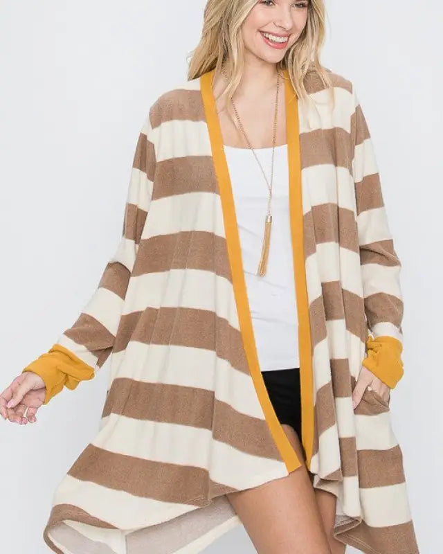 Open Front Striped Draped Cardigan - MOCHA / S