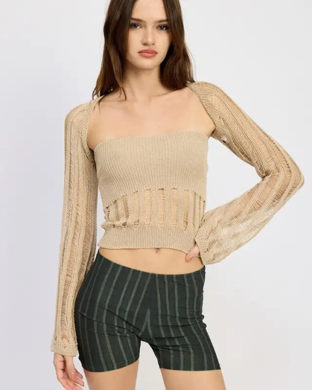 OPEN KNIT SHRUG - TAUPE / S