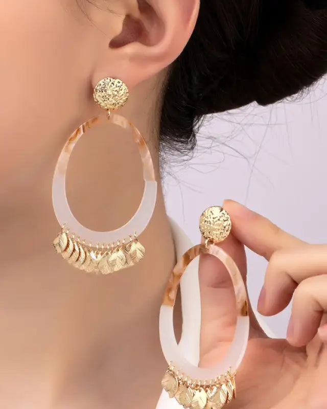 Oval acetate hoop earrings with leaf drops - Gold / one size - Rings