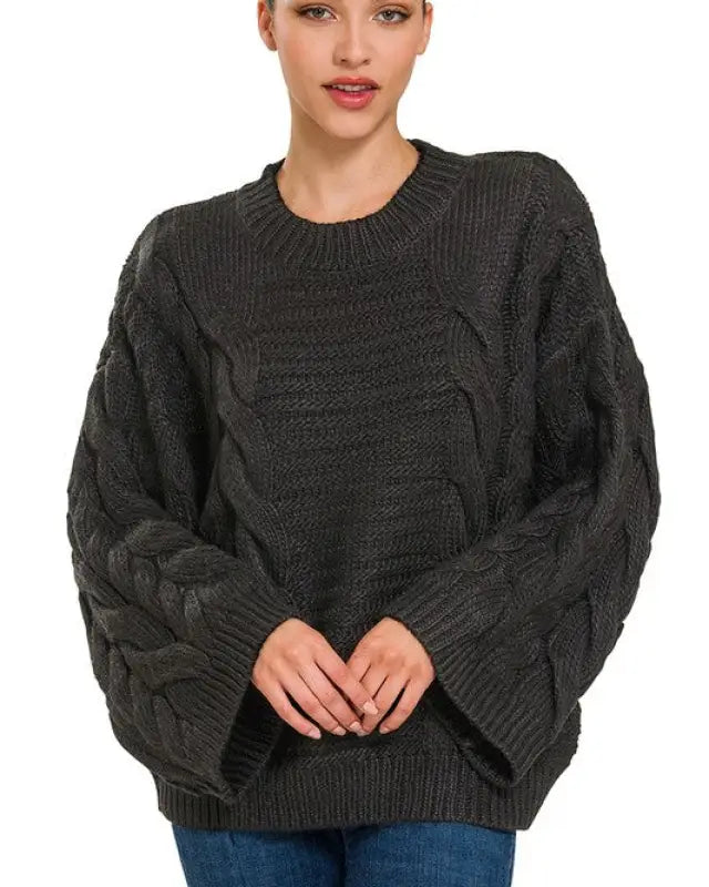 Oversized Bell Sleeve Cable Knit Sweater