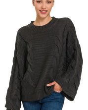 Oversized Bell Sleeve Cable Knit Sweater - BLACK / XS