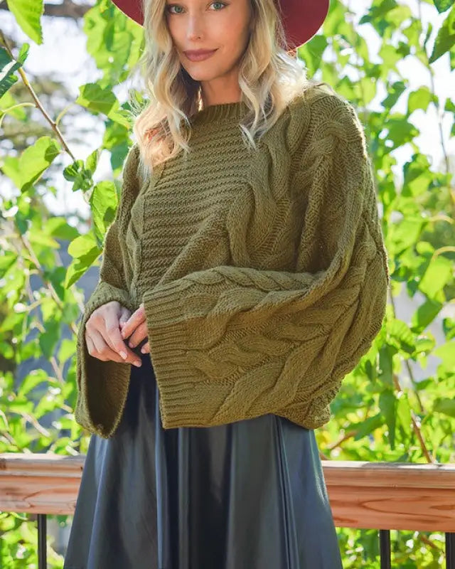 Oversized Bell Sleeve Cable Knit Sweater - DUSTY OLIVE / L