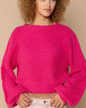 Oversized Round-Neck Sweater - HOT PINK / M