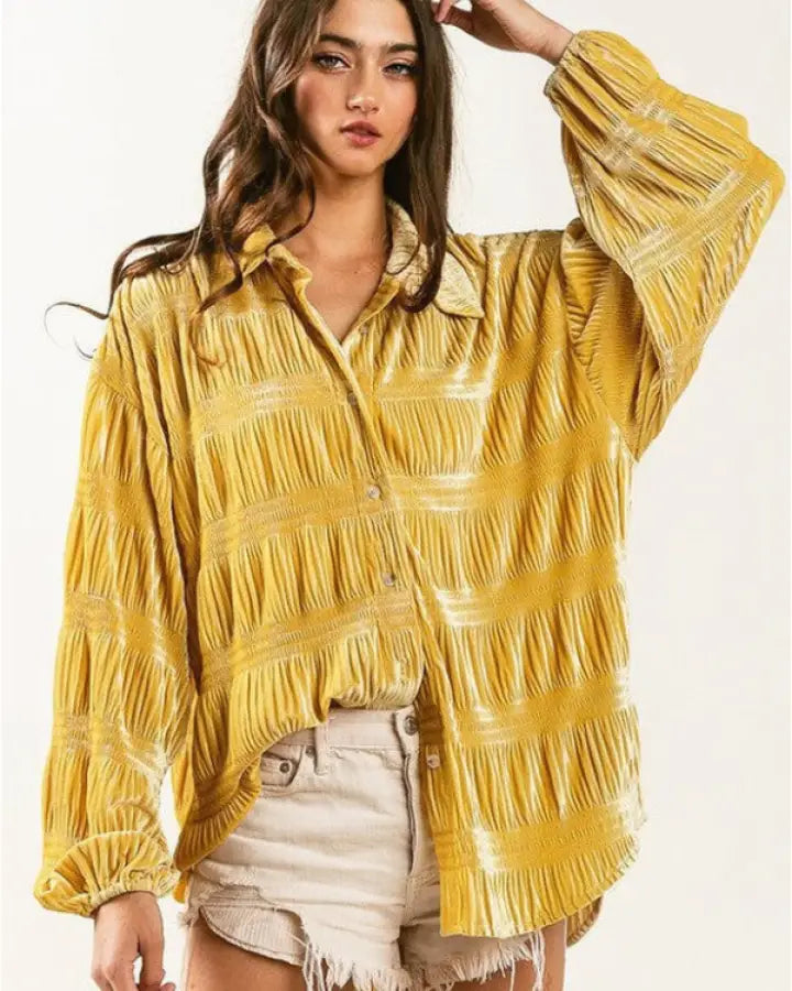 Oversized Ruched Velvet Button Down Shirt