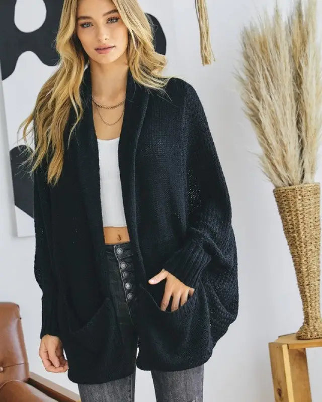 Pattern Knit Dolman Sleeve Solid Slouch Cardigan