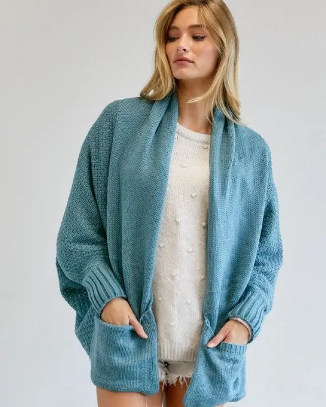 Pattern Knit Dolman Sleeve Solid Slouch Cardigan