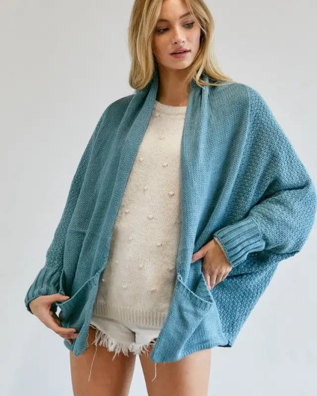 Pattern Knit Dolman Sleeve Solid Slouch Cardigan