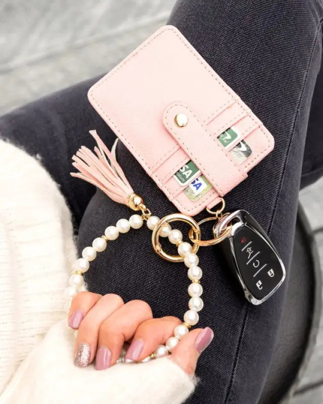 Pearl Key Ring Wallet Bracelet - Blush / OneSize