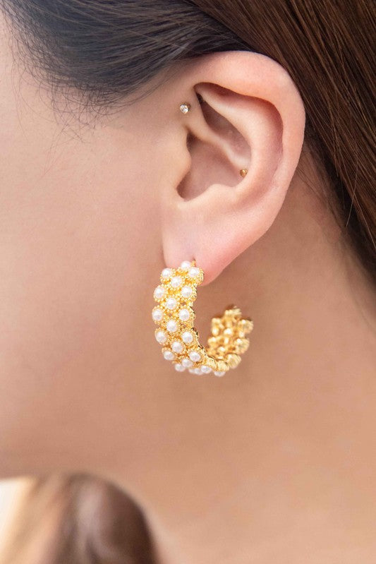 Pearl Lattice Hoop Earrings - OS