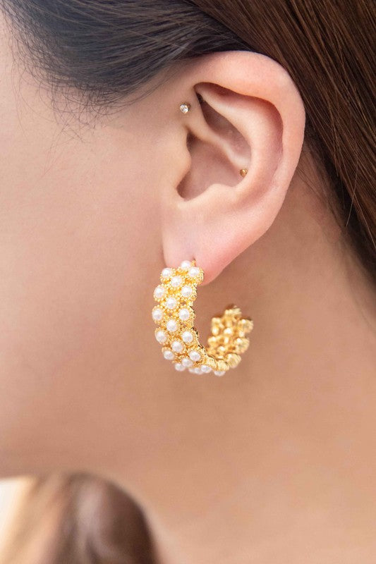 Pearl Lattice Hoop Earrings - OS