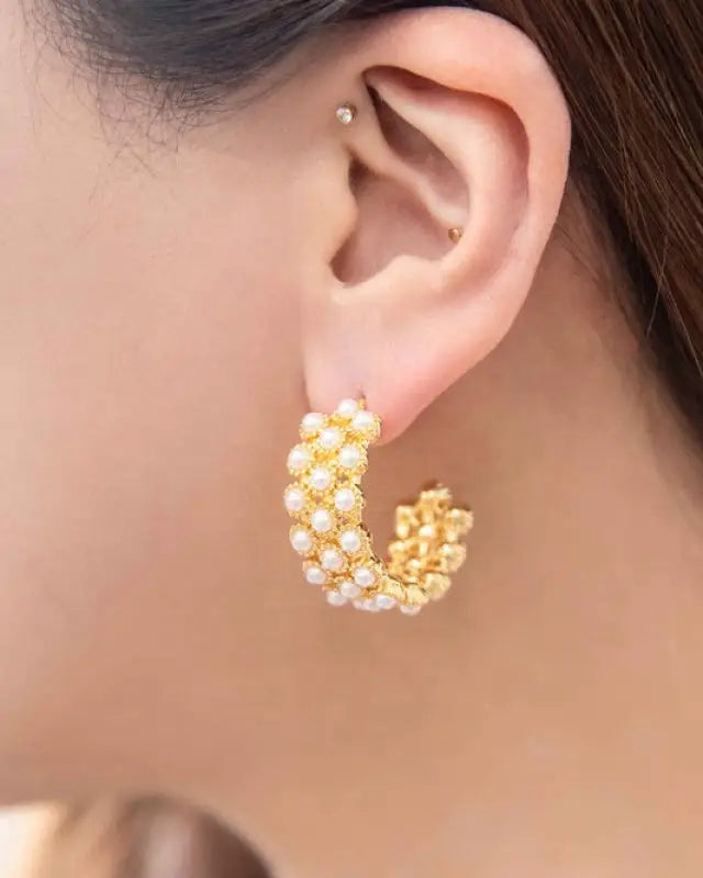 Pearl Lattice Hoop Earrings - OS