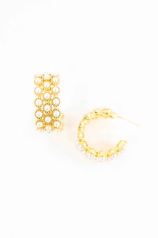 Pearl Lattice Hoop Earrings - OS