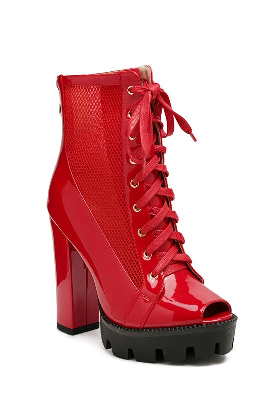 PEEPQUE PEEP TOE LACE-UP BOOTIES - Red / 5 - Booties