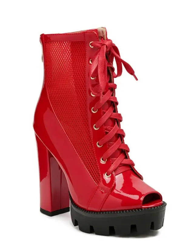 PEEPQUE PEEP TOE LACE-UP BOOTIES - Red / 5 - Booties