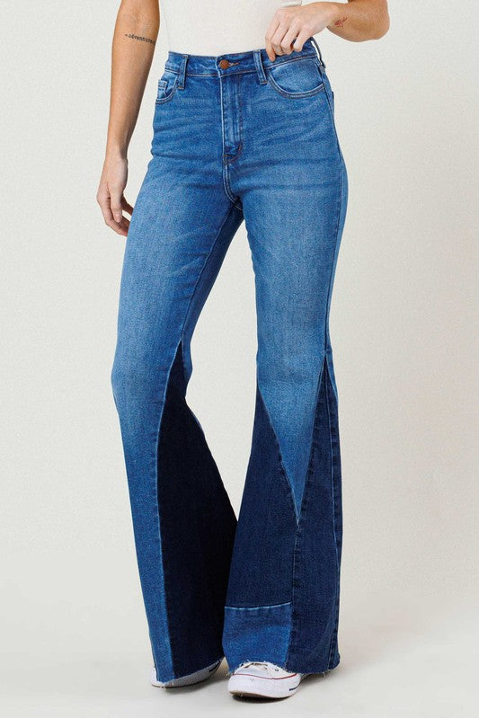 Pieced Color Block Side Slit Flare Jeans