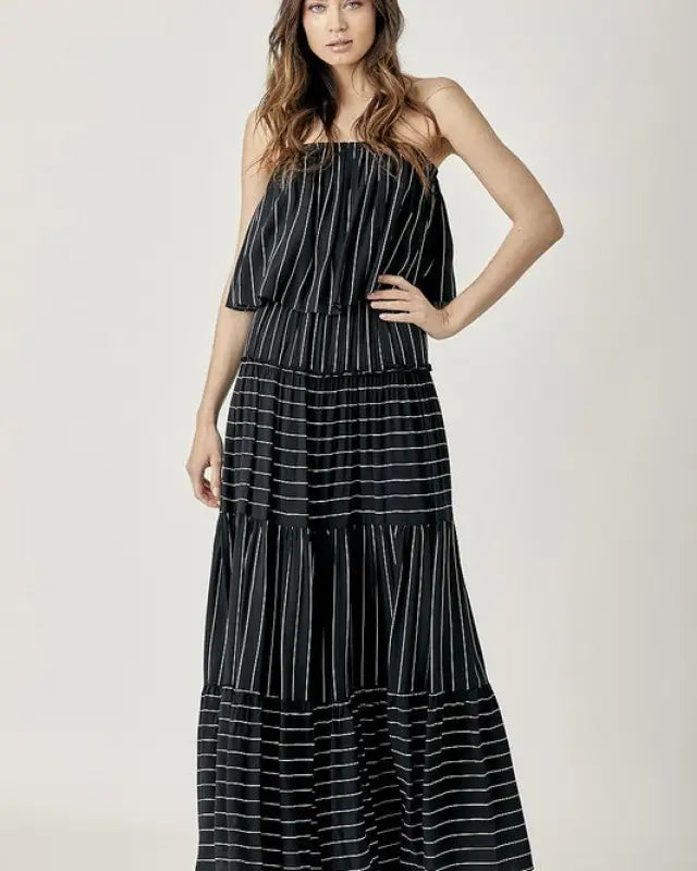 Pin Stripe Print Tube Maxi Dress