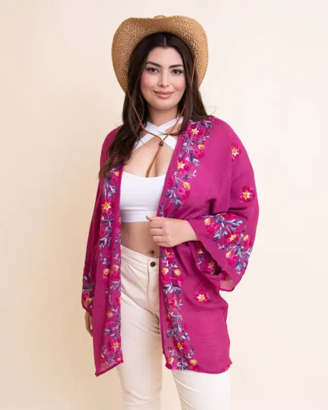 Pink Anemone Garland Embroidered Kimono