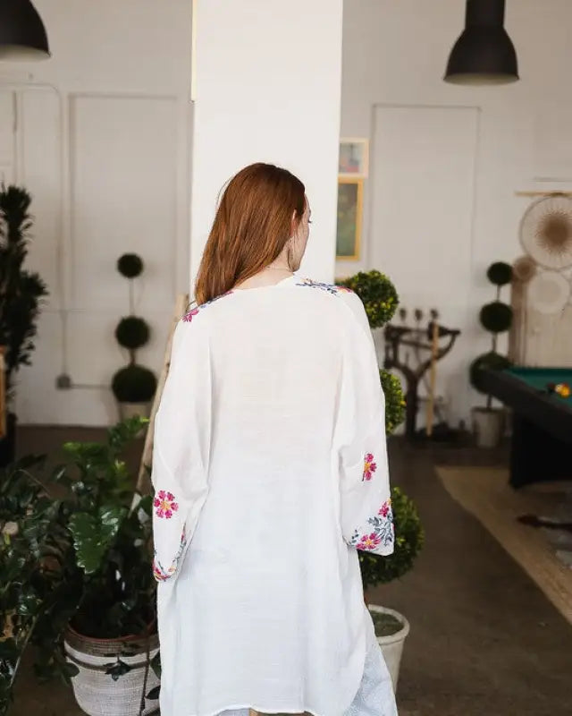 Pink Anemone Garland Embroidered Kimono