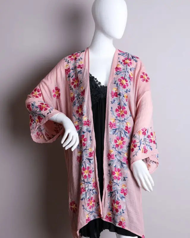 Pink Anemone Garland Embroidered Kimono