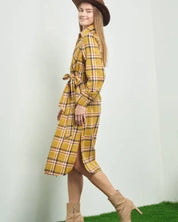 PLAID PRINT COLLAR LONG SHIRT DRESS - Dresses