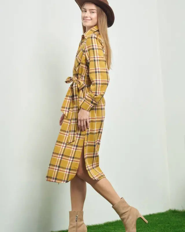 PLAID PRINT COLLAR LONG SHIRT DRESS - Dresses