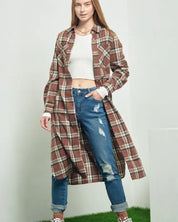 PLAID PRINT COLLAR LONG SHIRT DRESS - Dresses