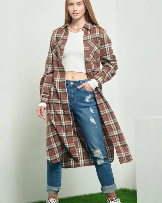 PLAID PRINT COLLAR LONG SHIRT DRESS - Dresses