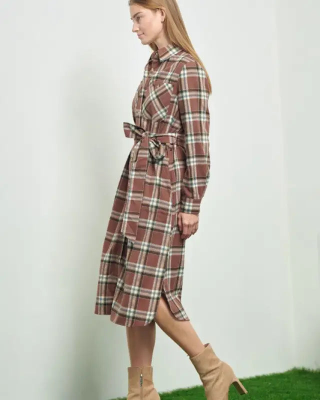 PLAID PRINT COLLAR LONG SHIRT DRESS - Dresses