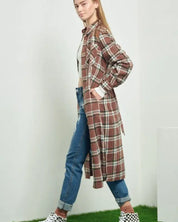 PLAID PRINT COLLAR LONG SHIRT DRESS - Dresses