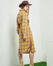 PLAID PRINT COLLAR LONG SHIRT DRESS - Dresses