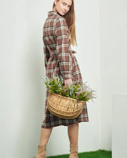 PLAID PRINT COLLAR LONG SHIRT DRESS - Dresses