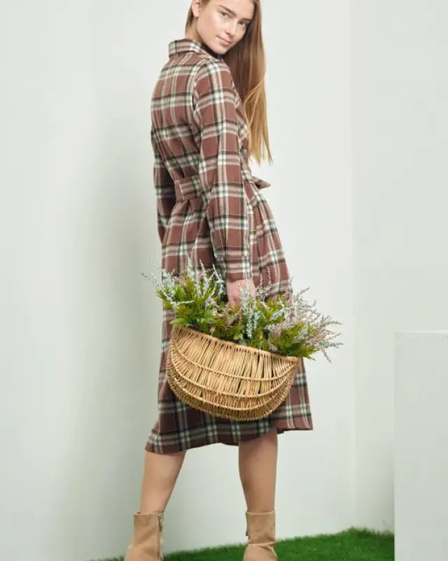 PLAID PRINT COLLAR LONG SHIRT DRESS - Dresses