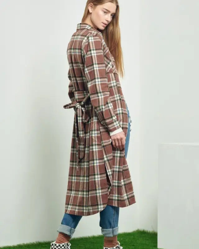 PLAID PRINT COLLAR LONG SHIRT DRESS - Dresses