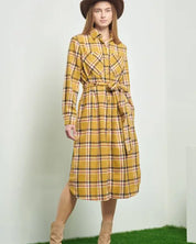 PLAID PRINT COLLAR LONG SHIRT DRESS - Dresses