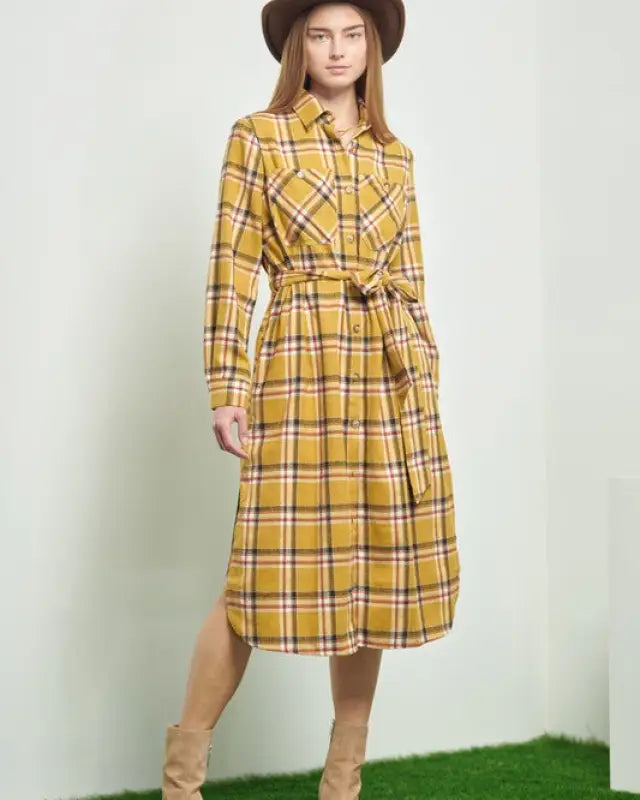 PLAID PRINT COLLAR LONG SHIRT DRESS - Dresses