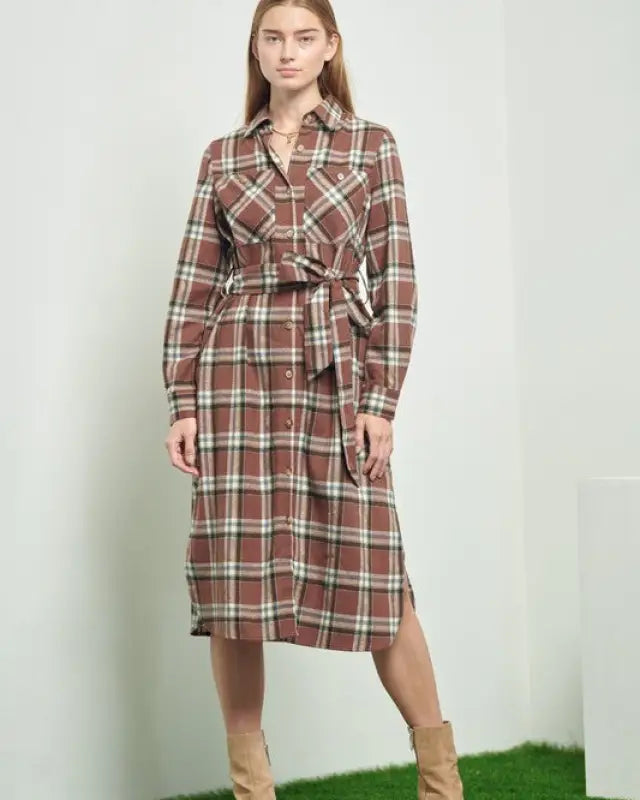 PLAID PRINT COLLAR LONG SHIRT DRESS - Mauve / S - Dresses