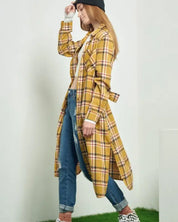 PLAID PRINT COLLAR LONG SHIRT DRESS - Mustard / S - Dresses